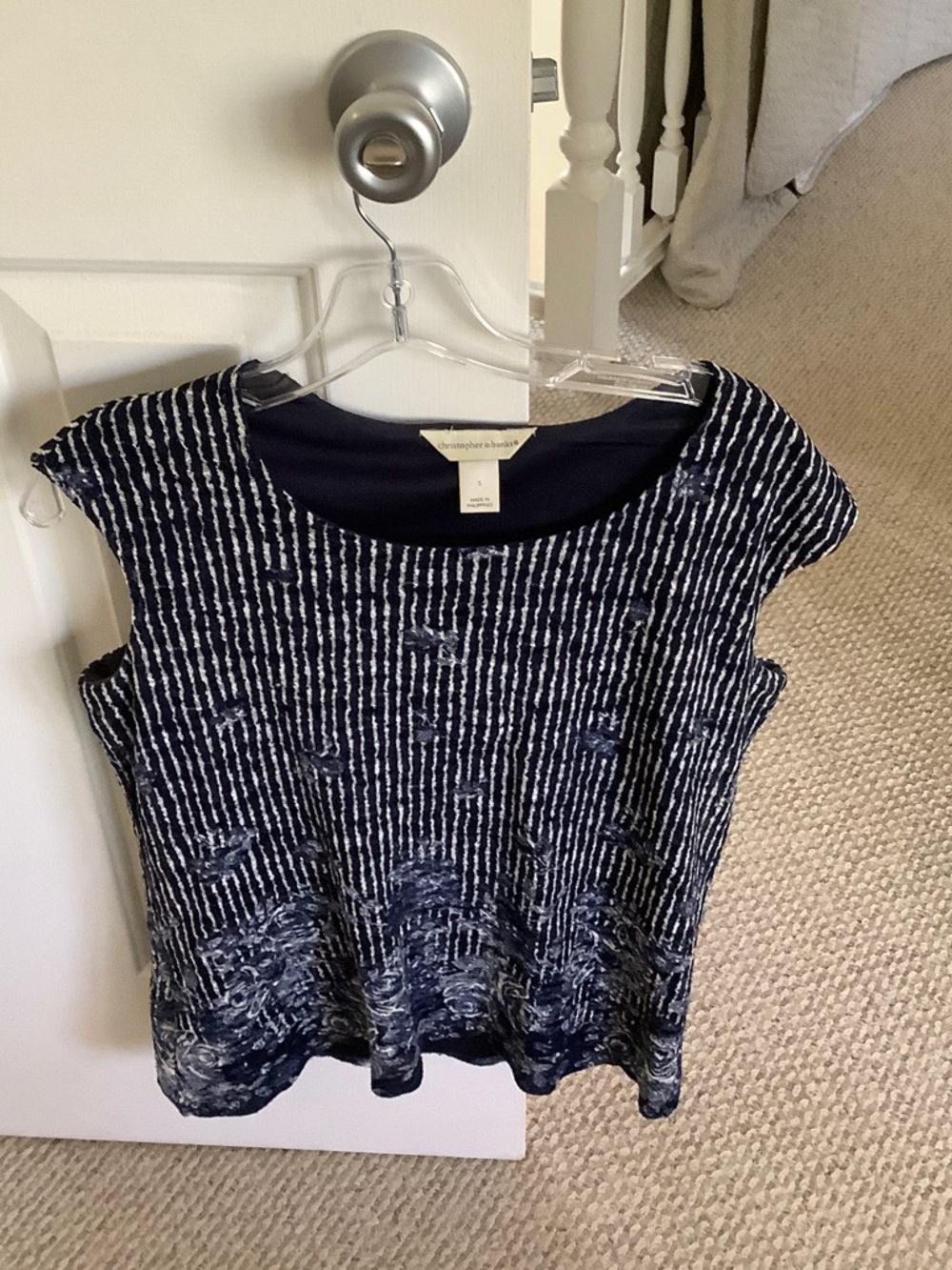 Christopher & Banks Lined Navy and White Textured Cap-Sleeve Tank
